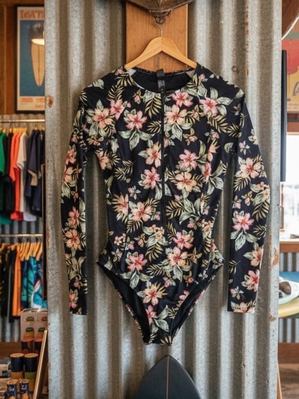 Hurley Black Floral Long-Sleeve One-Piece Swimsuit with Pink & Green Print